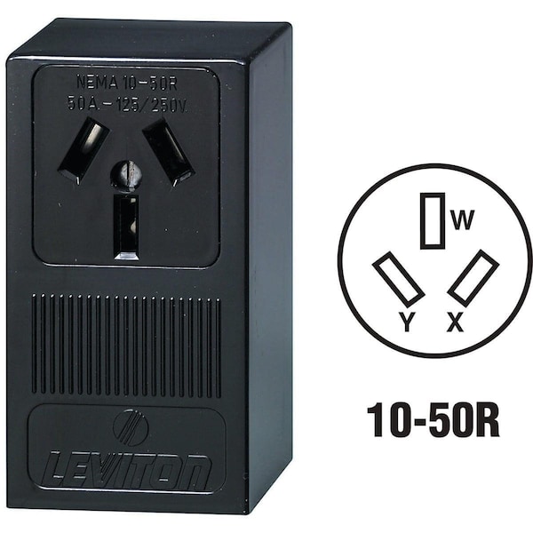 Leviton Straight Blade Receptacle, 10-50R, 50 A, 125/250V AC, 3 Pole, 3 Wire, Surface Mount, Non-Grounded R20-05050-P00 - main